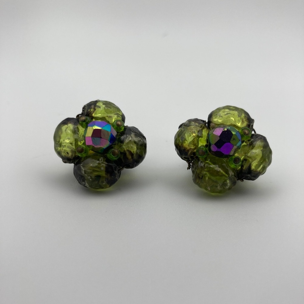 Vintage West Germany Green Art Glass Aurora Borealis Cluster Clip On Earrings